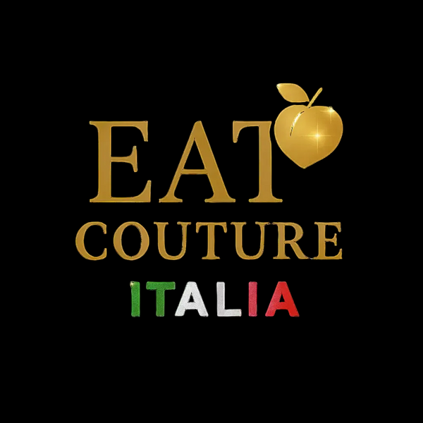 Logo of 'Eat Couture Italia' with a gold italian peach cookie on a black background